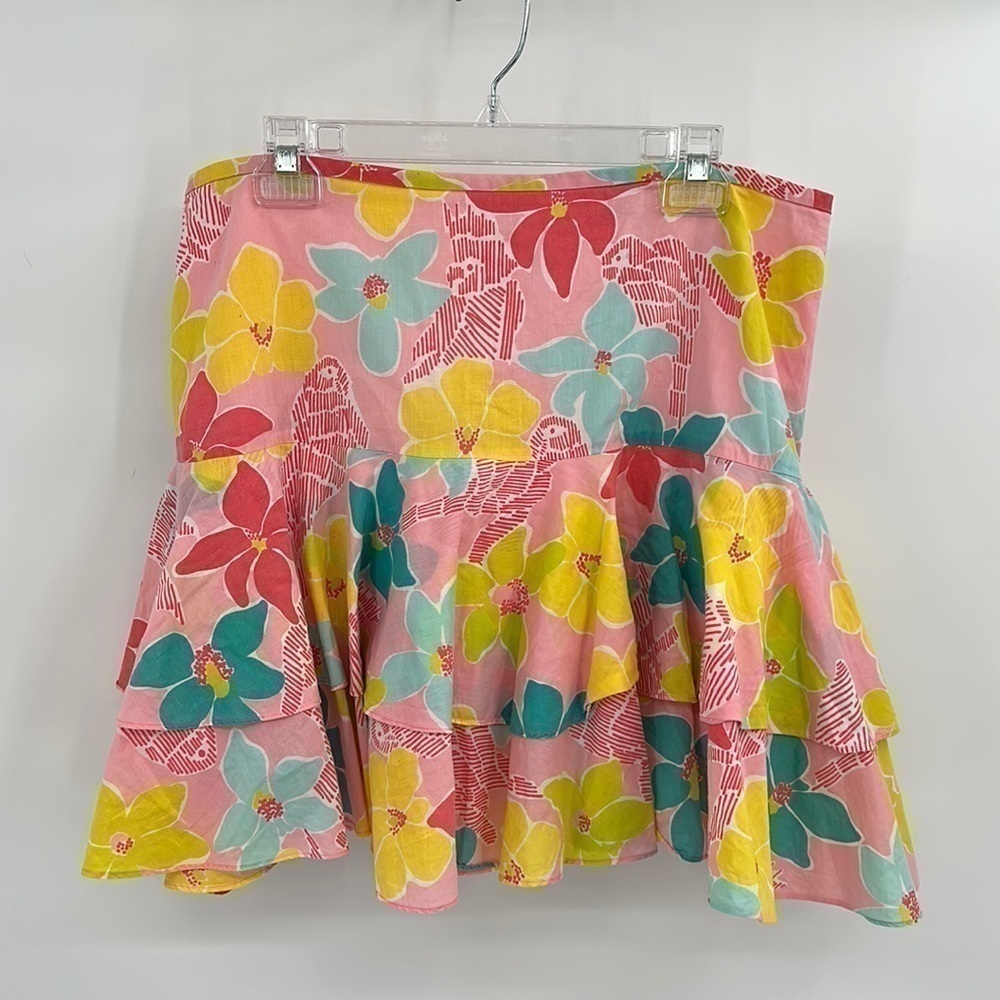 Lilly Pulitzer Pink Floral Tiered Ruffle Parrot-ise Mini Skirt Size 12